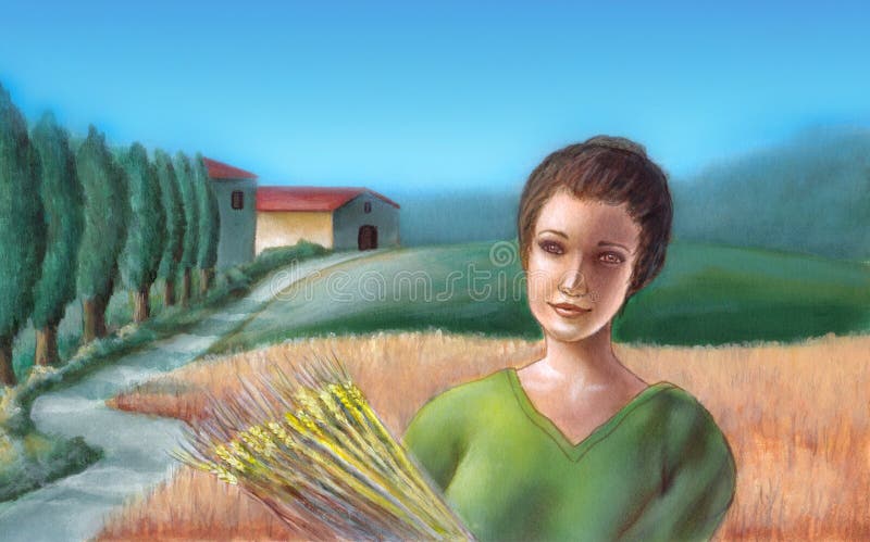 Peasant girl holding some wheat. On the background a picturesque italian farmland. Hand painted illustration, digitally enhanced. Peasant girl holding some wheat. On the background a picturesque italian farmland. Hand painted illustration, digitally enhanced.