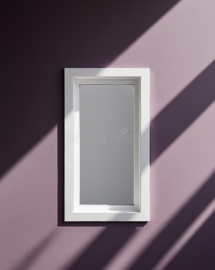 Weiß eingerahmtes Fenster an lila Wand mit Schatten gegossen. stockbilder