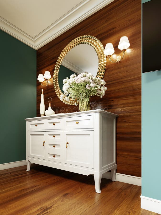 White classic chest of drawers with decor and a mirror in a frame on a background of a wooden wall with sconces. 3D rendering. White classic chest of drawers with decor and a mirror in a frame on a background of a wooden wall with sconces. 3D rendering