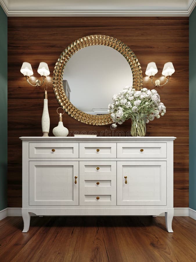 White classic chest of drawers with decor and a mirror in a frame on a background of a wooden wall with sconces. 3D rendering. White classic chest of drawers with decor and a mirror in a frame on a background of a wooden wall with sconces. 3D rendering