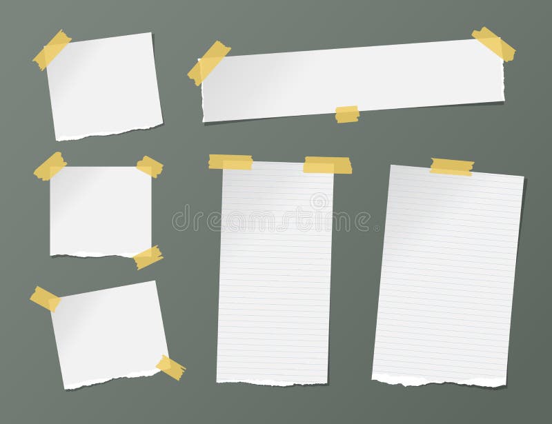 Weiße angeordnete Anmerkung der unterschiedlichen Größe, Notizbuch, Schreibheftblätter, Streifen fest mit gelbem Klebeband auf du lizenzfreie abbildung