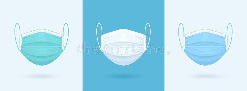 White, Blue, Green Medical or Surgical Face Mask. Virus Protection. Breathing Respirator Mask. Health Care Concept. Vector Illustration. White, Blue, Green Medical or Surgical Face Mask. Virus Protection. Breathing Respirator Mask. Health Care Concept. Vector Illustration