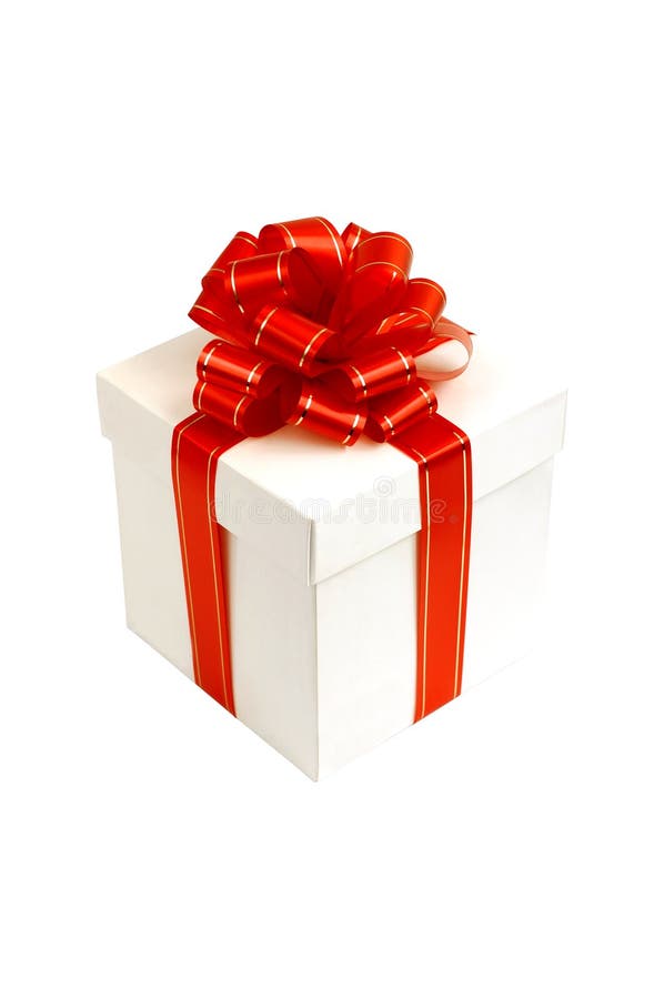 White box with red bow isolated on white