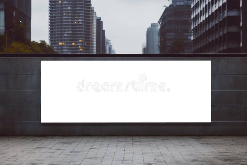 Weiße, breite, horizontale Plakatwand mit modernem städtischem Hintergrund. ai generativ stock abbildung