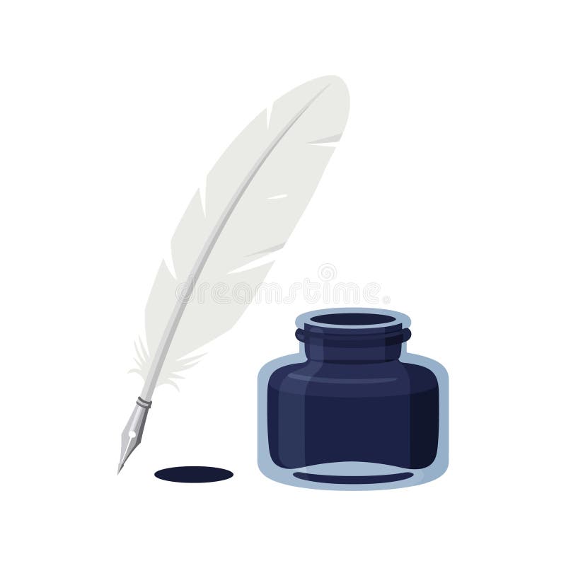 Weiße Federquill mit schwarzer Flaschenvektor-Illustration zum Schreiben und Kreativität stock abbildung