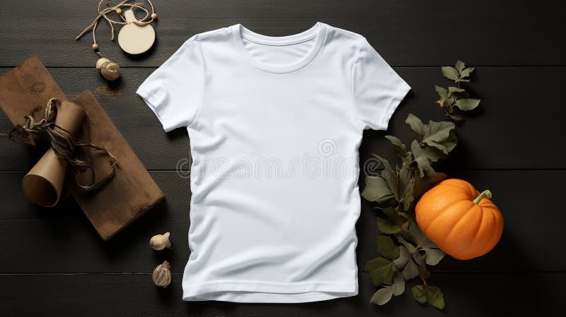 Weiße Frauen Hemd halloween Mockup mit einem geheimnisvollen dunklen Hintergrund Kürbis zartes Herbstblatt ai generieren vektor abbildung