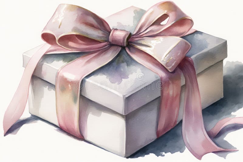 Weiße Geschenkbox mit rosa Band auf weißem Hintergrund Aquarellfarben Stil ai generativ stockbild