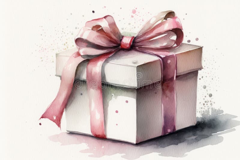 Weiße Geschenkbox mit rosa Band auf weißem Hintergrund Aquarellfarben Stil ai generativ stock abbildung