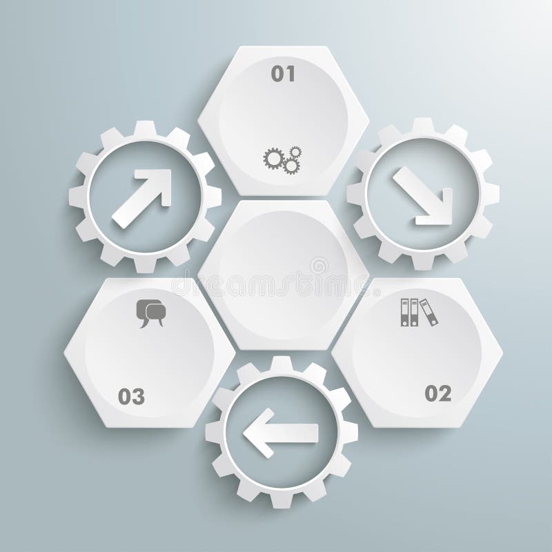 3 weiße Hexagone 3 Gang-Zyklus-Pfeile lizenzfreie abbildung 3 weiße Hexagone 3 Gang-Zyklus-Pfeile lizenzfreie abbildung