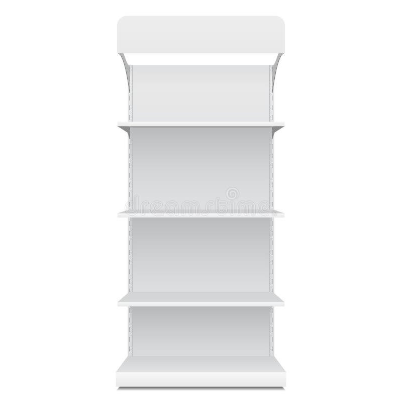 Weiße leere leere Schaukasten-Anzeigen mit Kleinprodukten regal-Front Views 3D auf dem weißen Hintergrund lokalisiert lizenzfreie abbildung Weiße leere leere Schaukasten-Anzeigen mit Kleinprodukten regal-Front Views 3D auf dem weißen Hintergrund lokalisiert lizenzfreie abbildung