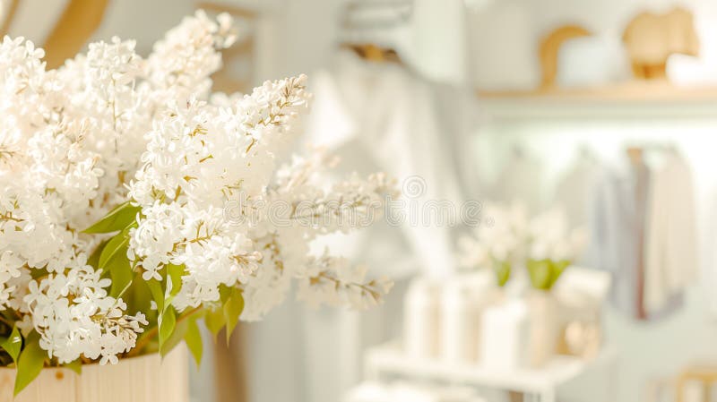 Weiße Lilienbranchen vor softfocus nachhaltiger Shop-Innenausstattung stockbilder