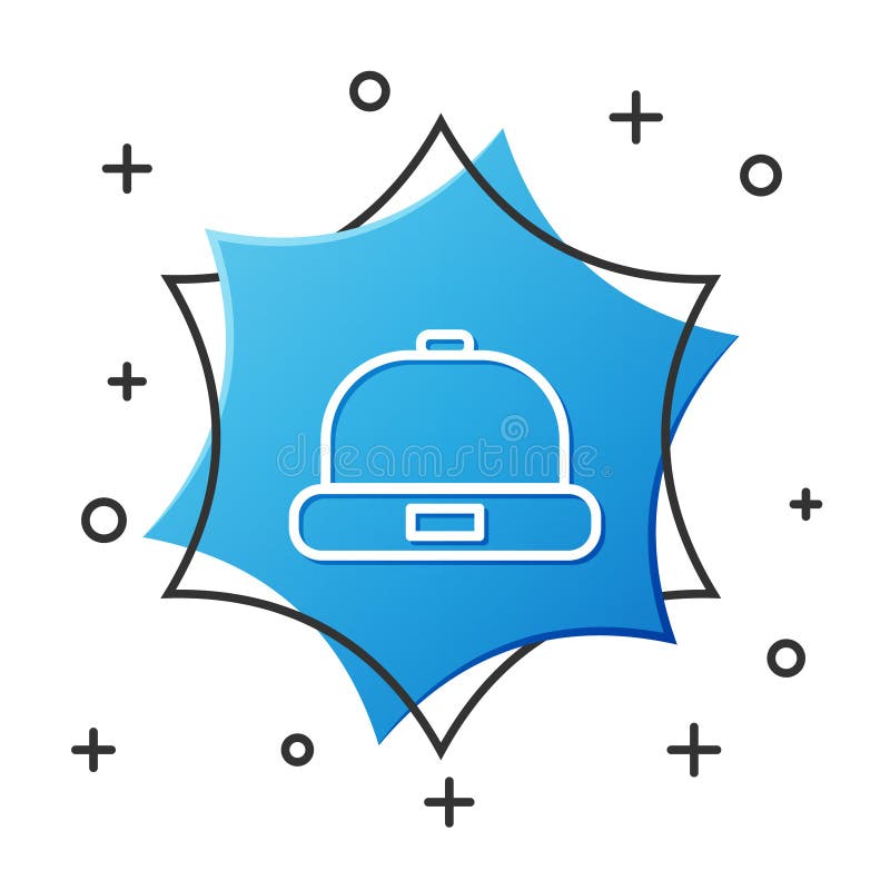 Weiße Linie Beaniehutikone isoliert auf weißem Hintergrund. Blue Hexagonknopf. Vektorillustration lizenzfreie abbildung