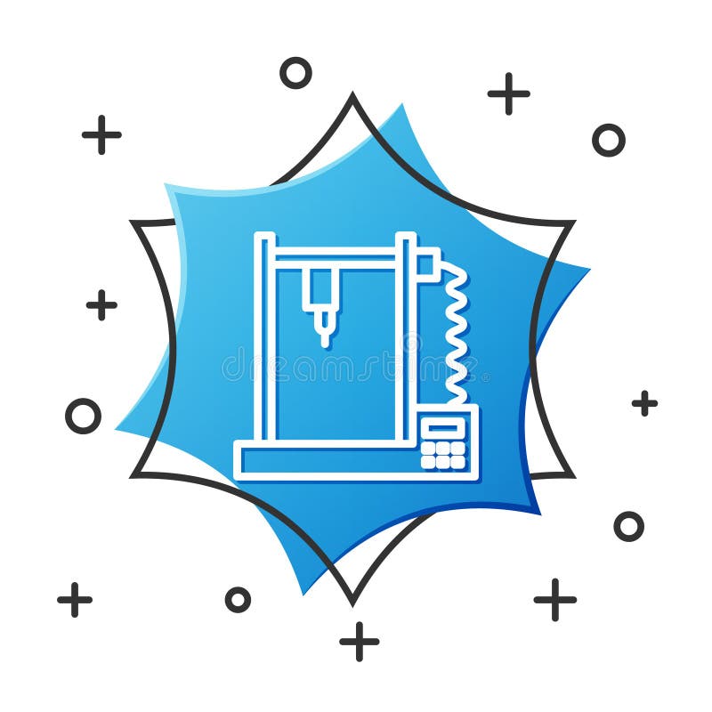 Weiße Linie 3d-Druckerikone isoliert auf weißem Hintergrund. Blue Hexagonknopf. Vektorillustration lizenzfreie abbildung
