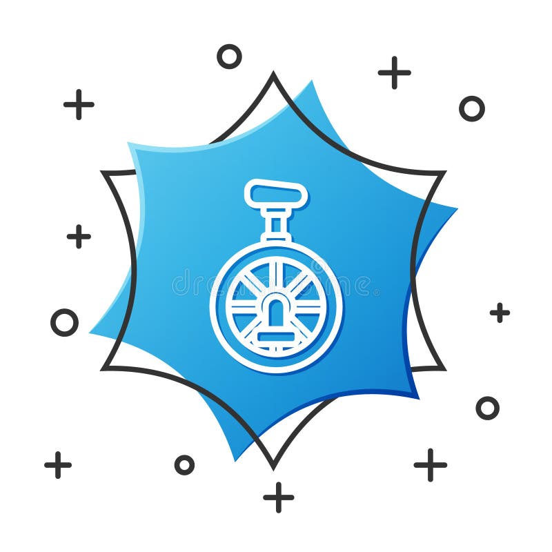Weiße Linie Einrad oder eine Radfahrradikone isoliert auf weißem Hintergrund. monowheel Fahrrad. Blue Hexagonknopf vektor abbildung