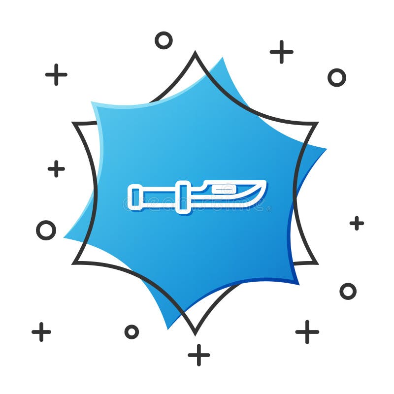 Weiße Linie kampierende Messerikone isoliert auf weißem Hintergrund. Blue Hexagonknopf. Vektorillustration vektor abbildung