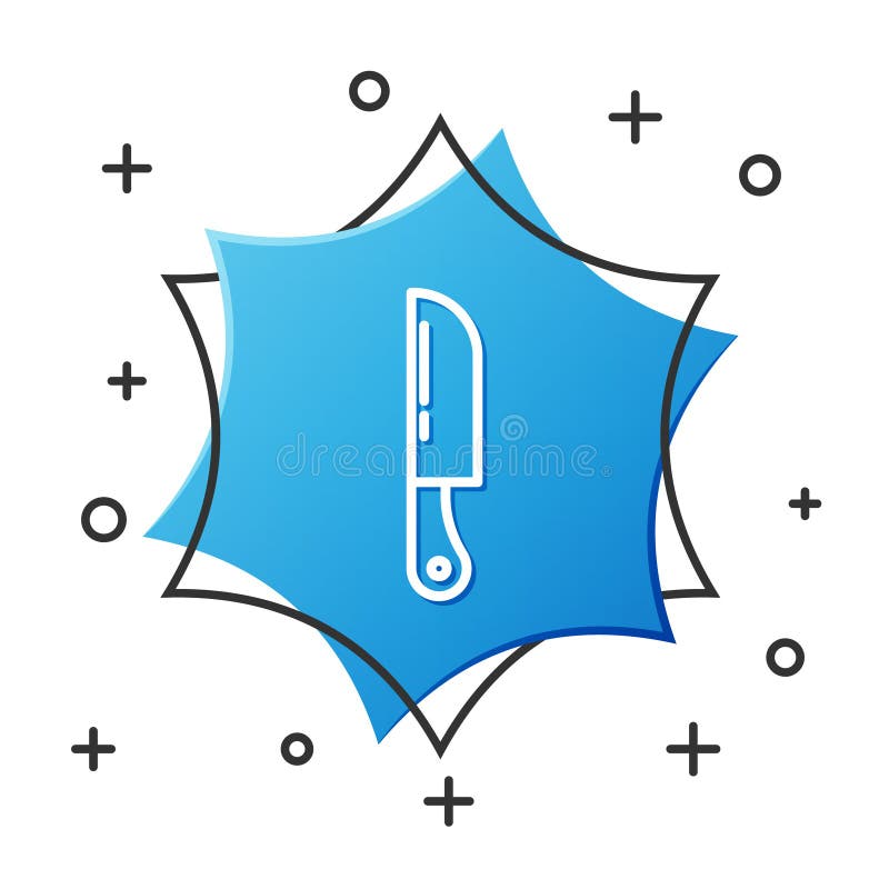 Weiße Linie Messerikone isoliert auf weißem Hintergrund. Tischbestecksymbol. Blue Hexagonknopf. Vektor stock abbildung