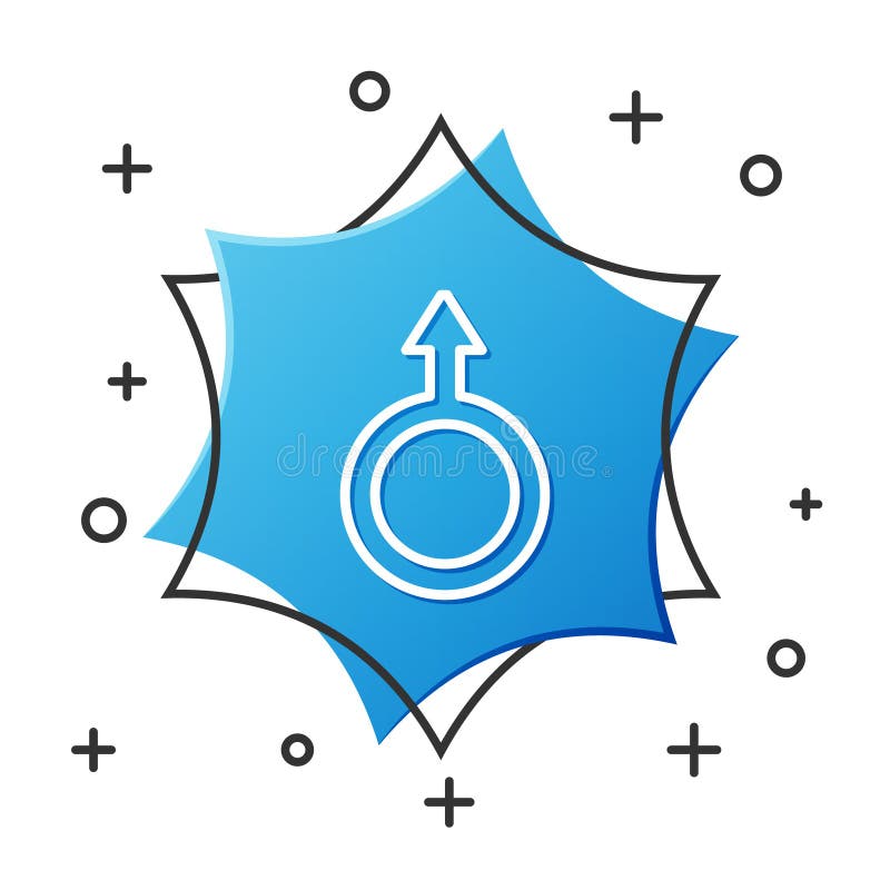 Weiße Linie männliche Geschlechtssymbolikone isoliert auf weißem Hintergrund. Blue Hexagonknopf. Vektor lizenzfreie abbildung