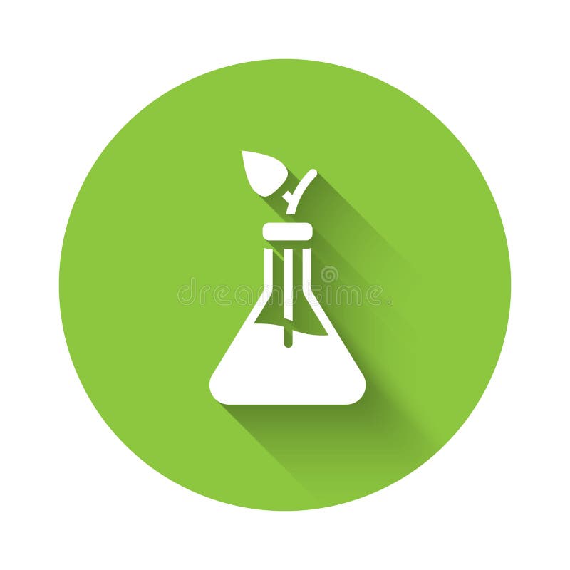 White Plant breeding icon isolated with long shadow. Plants growing in the test tubes. Organic food ,agriculture and hydroponic. Green circle button. Vector. White Plant breeding icon isolated with long shadow. Plants growing in the test tubes. Organic food ,agriculture and hydroponic. Green circle button. Vector.