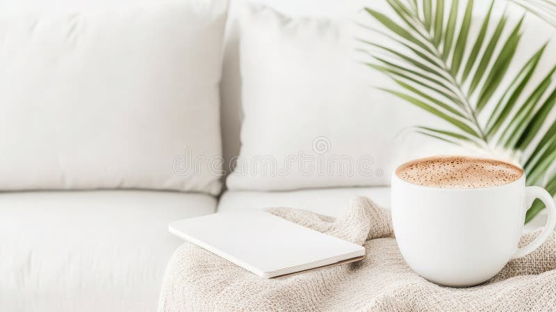 Weiße Tasse hält Kaffee in der Nähe eines Notizbuches auf einer Strickdecke. Soft Kissen liegen auf einem Sofa mit Palmenblättern stockbild