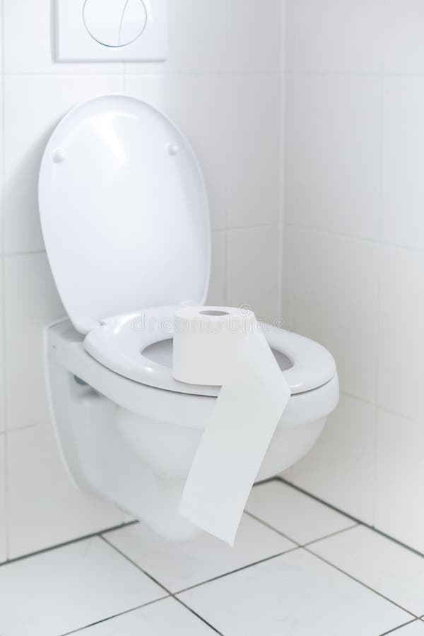 Weiße Toilette mit Toilettenpapier lizenzfreie stockbilder Weiße Toilette mit Toilettenpapier lizenzfreie stockbilder