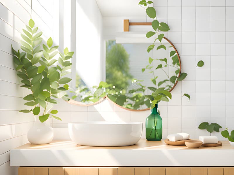 Weiße Toiletteneinrichtung mit grüner Pflanze 3D Rendering stock abbildung