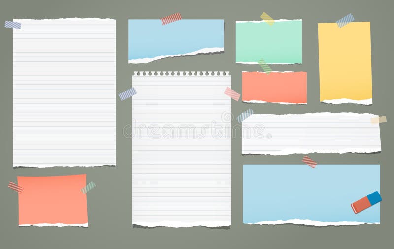 Weiße und bunte gezeichnete heftige Anmerkung, Notizbuchpapierstücke für den Text fest mit Klebeband auf grünem Hintergrund Vekto lizenzfreie abbildung