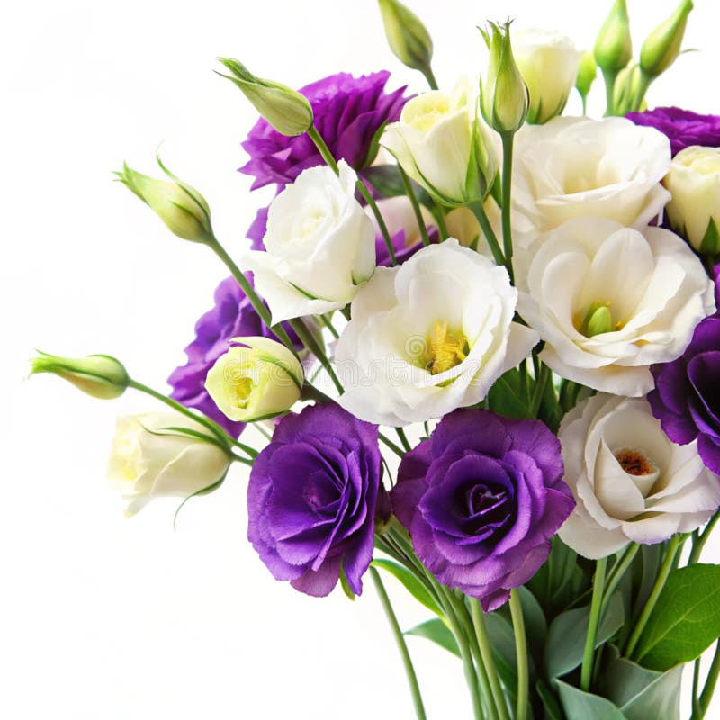Weiße und lila Eustoma-Blumen in Weiß lizenzfreie abbildung