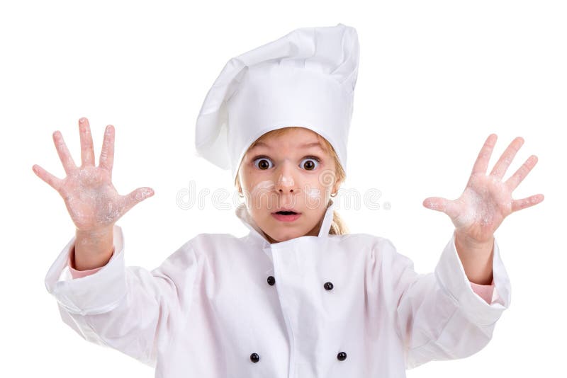Weiße Uniform des Mädchenchefs lokalisiert auf weißem Hintergrund Bemehltes Gesicht und Palmen oben Betrachten erschrocken der Ka stockfoto Weiße Uniform des Mädchenchefs lokalisiert auf weißem Hintergrund Bemehltes Gesicht und Palmen oben Betrachten erschrocken der Ka stockfoto
