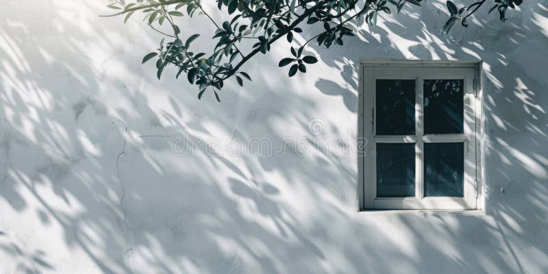 Weiße Wand mit Fenster und Baum stockfoto