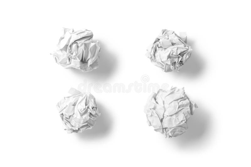 Weiße, zerknitterte Papierbälle auf weißem Hintergrund isoliert. stockbild