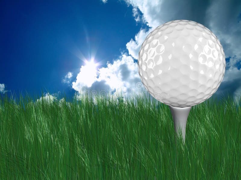 Weißer Golfball auf T-Stück im Gras