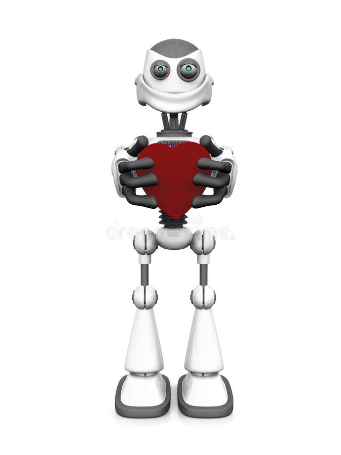 Weißer lächelnder Karikaturroboter, der Herz hält stock abbildung