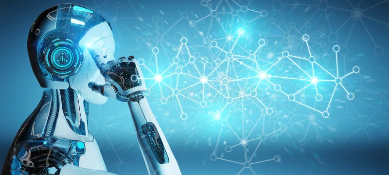 Weißer Mann Cyborg, der Wiedergabe der Digitalnetzverbindung 3D verwendet vektor abbildung Weißer Mann Cyborg, der Wiedergabe der Digitalnetzverbindung 3D verwendet vektor abbildung