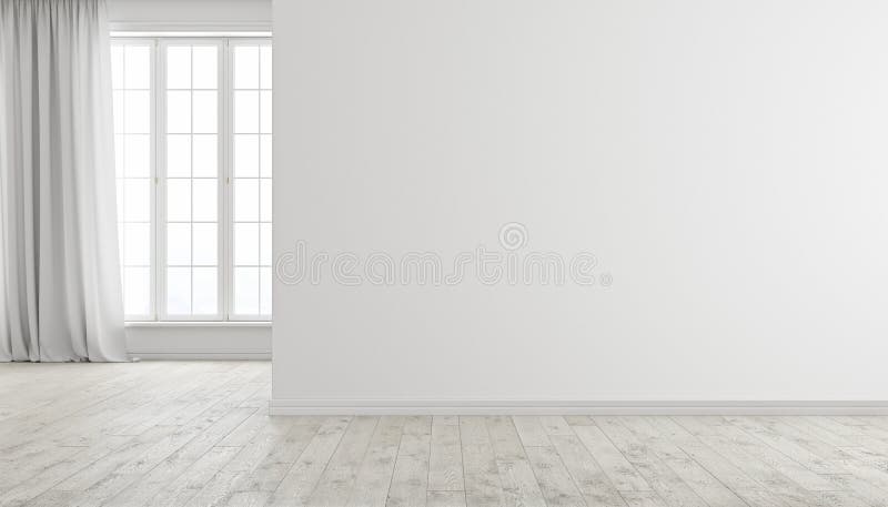 Weißer moderner heller leerer Rauminnenraum mit Fenster, Holzfußboden und Vorhang