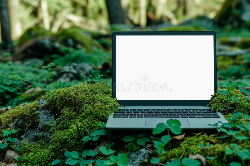 Weißer Notebook-Monitor auf Waldmoos. Produktpräsentation und Werbekonzept.