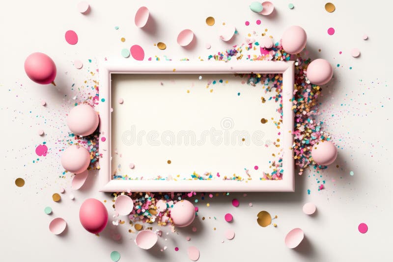 Weißer Rahmen auf weißem Hintergrund mit rosa Ballons und Konfetti-Aai stockfoto