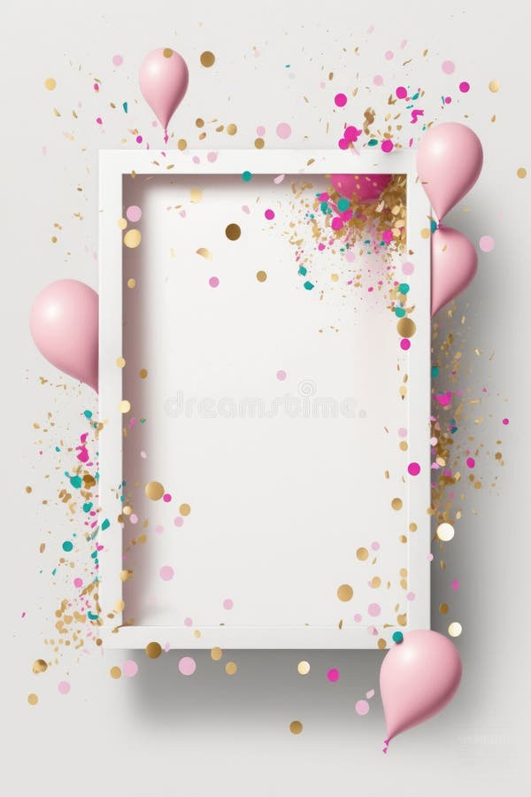 Weißer Rahmen auf weißem Hintergrund mit rosa Ballons und Konfetti-Aai stockfotografie