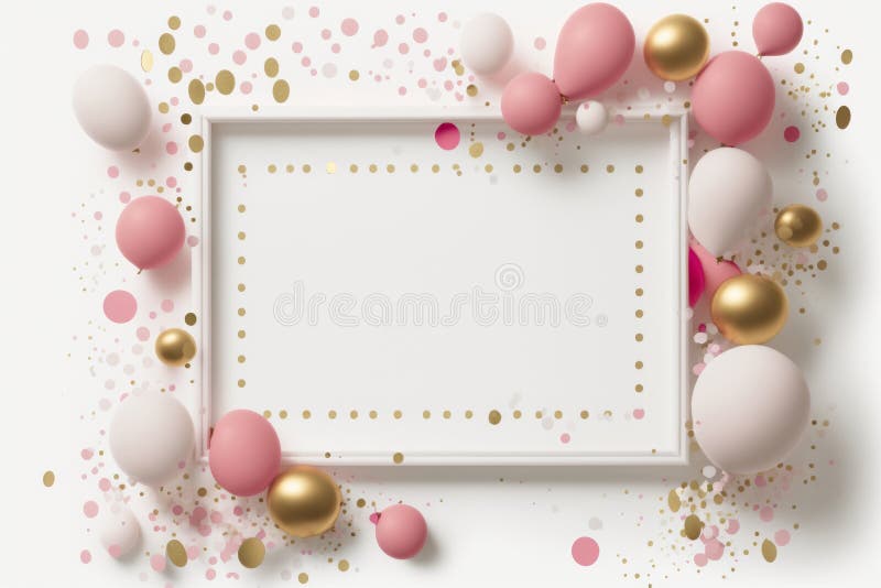 Weißer Rahmen auf weißem Hintergrund mit rosa Ballons und Konfetti-Aai lizenzfreie stockfotografie