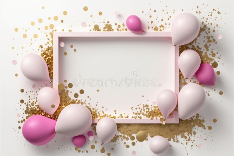 Weißer Rahmen auf weißem Hintergrund mit rosa Ballons und Konfetti-Aai lizenzfreie abbildung