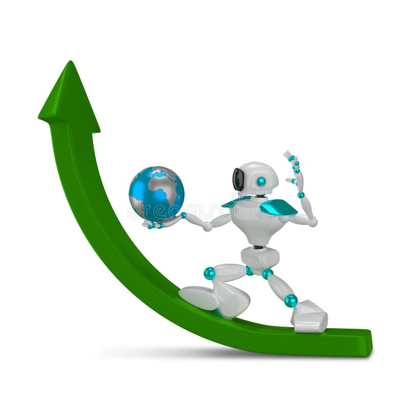 weißer Roboter der Illustrations-3D mit Kugel auf grünem Pfeil lizenzfreie abbildung weißer Roboter der Illustrations-3D mit Kugel auf grünem Pfeil lizenzfreie abbildung