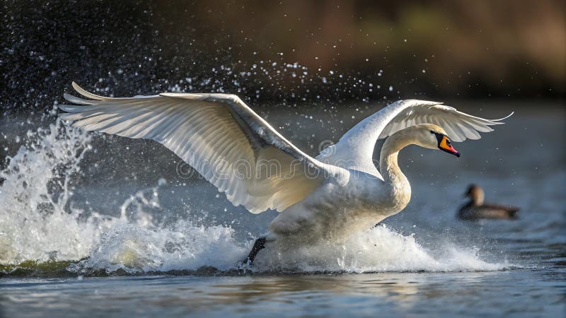 Weißer Schwan, der vom Wasser spritzt Flügel Vogelaction Stock Foto Generative AI lizenzfreie abbildung
