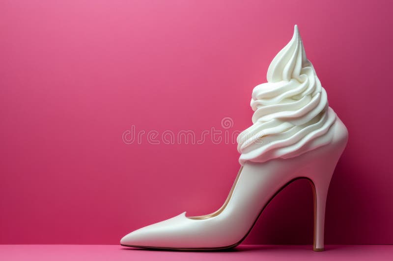 Weißes Creme, das von einer weißen Ferse auf einem lebhaften rosa Hintergrund explodiert und einen auffallenden Kontrast schafft stockbilder