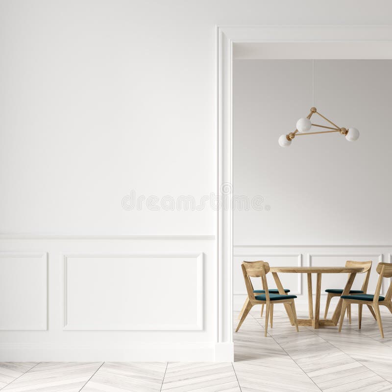 Weißes Esszimmer, Holzstühle, Tür und Wand lizenzfreie abbildung Weißes Esszimmer, Holzstühle, Tür und Wand lizenzfreie abbildung