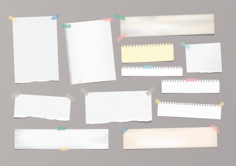 Weißes gestreiftes Briefpapier, Schreibheft, Notizbuchblatt fest mit Klebstreifen auf grauem Hintergrund lizenzfreie abbildung