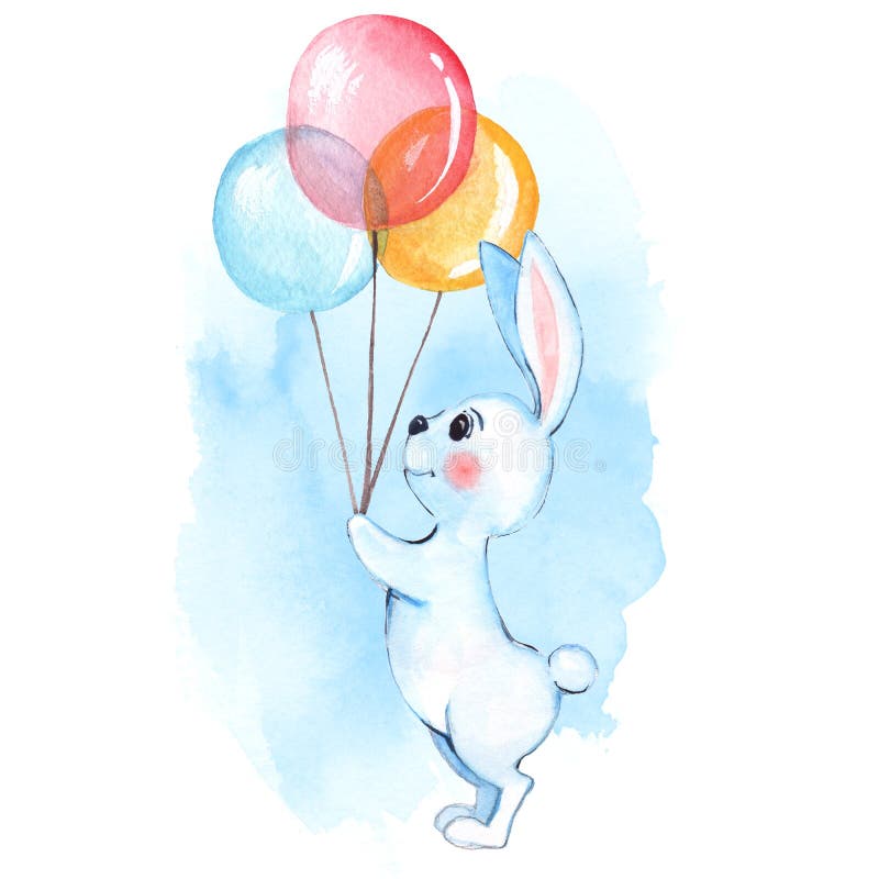 Weißes Kaninchen mit Ballonen watercolor lizenzfreie abbildung Weißes Kaninchen mit Ballonen watercolor lizenzfreie abbildung