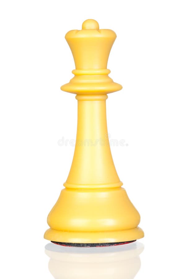 White queen chess piece isolated on white background with reflection on the floor. White queen chess piece isolated on white background with reflection on the floor