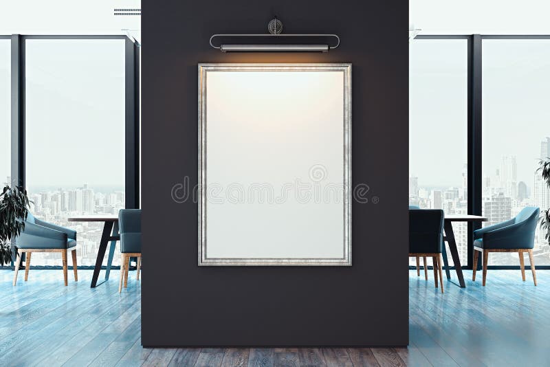 Weißes leeres Segeltuchplakat auf dunkler Wand im modernen hellen Büro, Wiedergabe 3d lizenzfreie abbildung