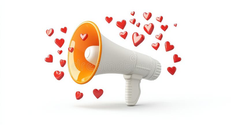 Weißes Megaphon, umgeben von pulsierenden roten Herzen, symbolisiert Liebe und Kommunikation stockbilder