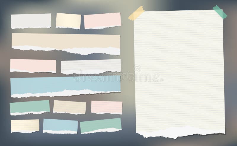 Weißes und buntes zerrissenes Papier mit Leselinien, Notizbuchblatt für Anmerkung oder Mitteilung fest mit Klebeband stock abbildung Weißes und buntes zerrissenes Papier mit Leselinien, Notizbuchblatt für Anmerkung oder Mitteilung fest mit Klebeband stock abbildung