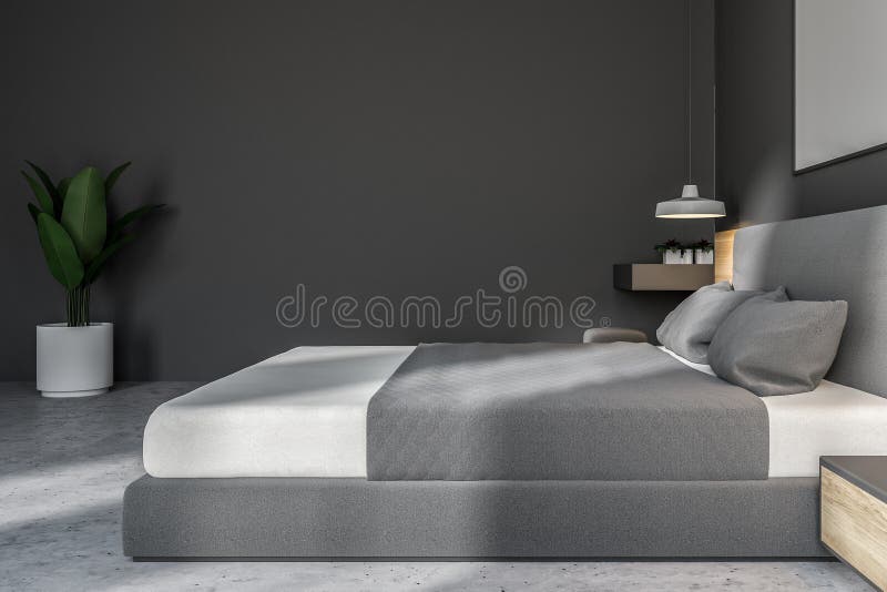 Weißes und graues Schlafzimmer mit Plakat, Seitenansicht vektor abbildung Weißes und graues Schlafzimmer mit Plakat, Seitenansicht vektor abbildung